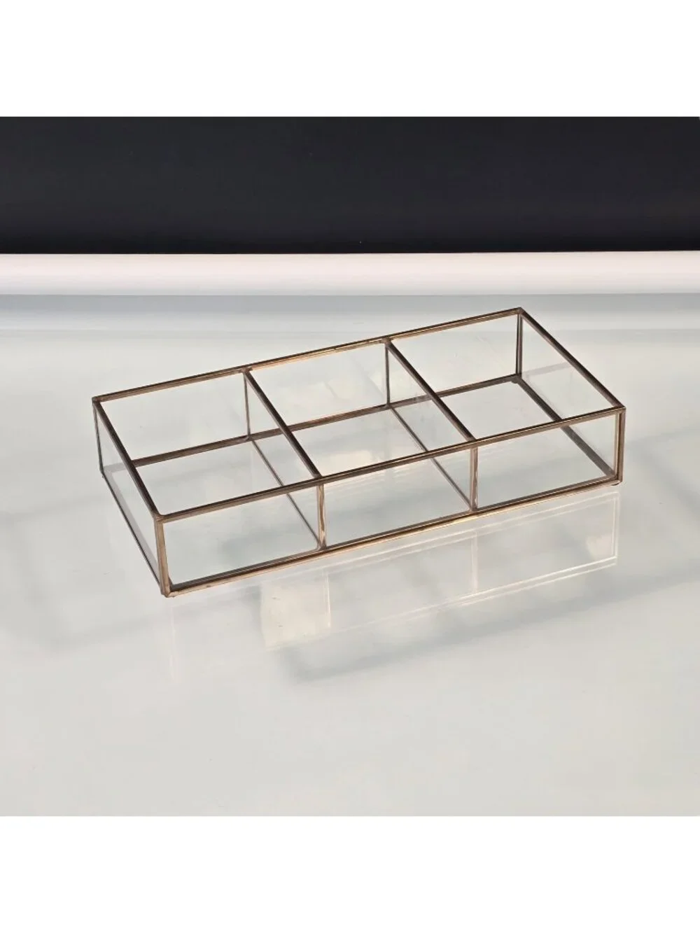 3 Section Organizer Brass & Glass Cosmetic Makeup Lipstick Jewelry Holder